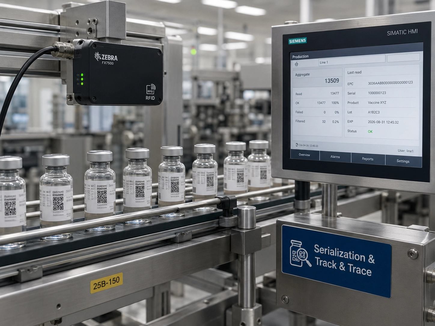 Vials of pharmaceutical medicine and vaccines on an automated packaging inspection line implementing RFID serialized secure track and trace